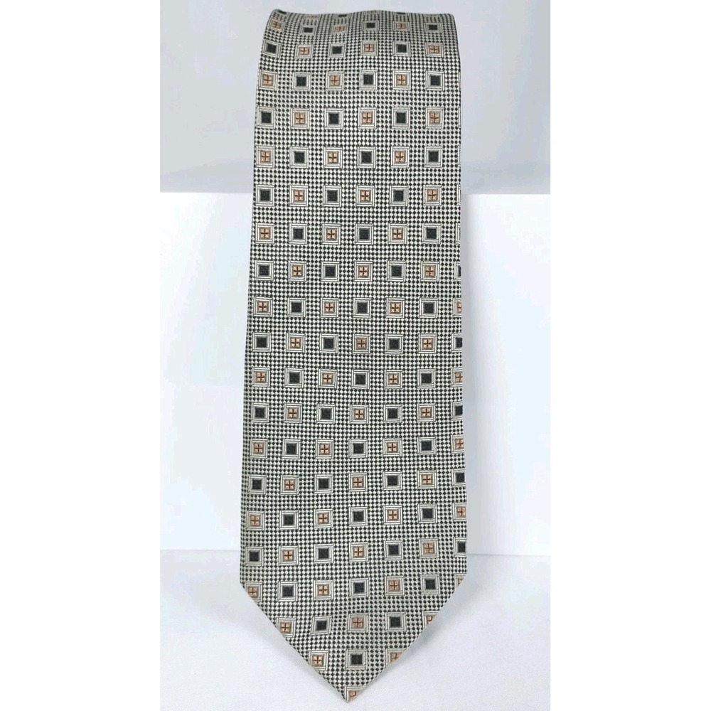 Peacock Men's Silk Tie Geometric Pattern Tan Black Beige Handmade‎ 3"x58"